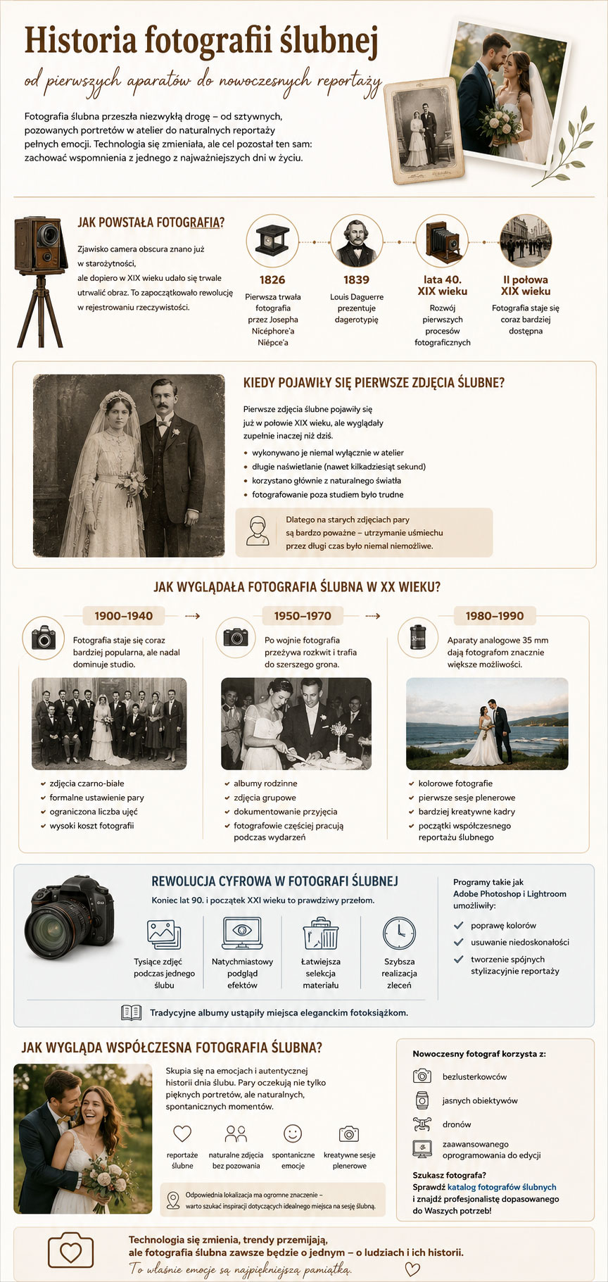 Infografika przedstawiająca historię fotografii ślubnej od XIX wieku do współczesnych reportaży