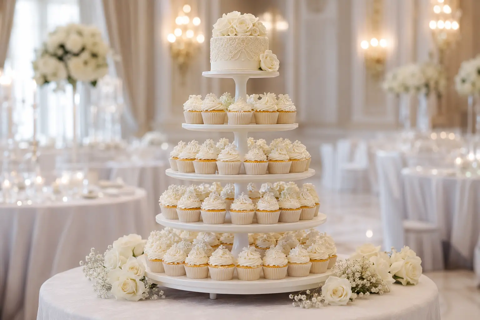 Elegancki biały tort weselny z babeczek w sali balowej