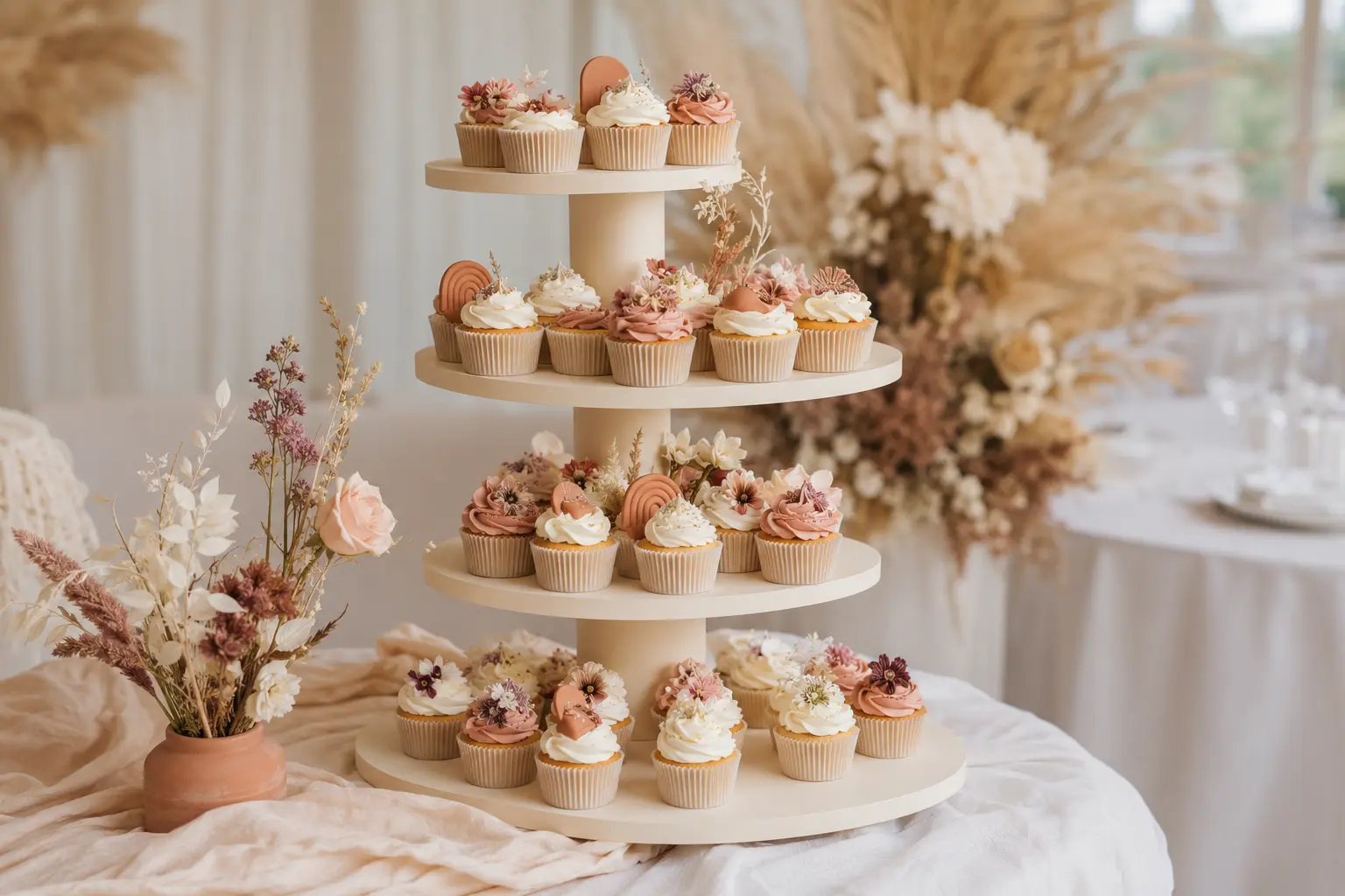 Tort babeczkowy w stylu boho w beżach i pudrowym różu