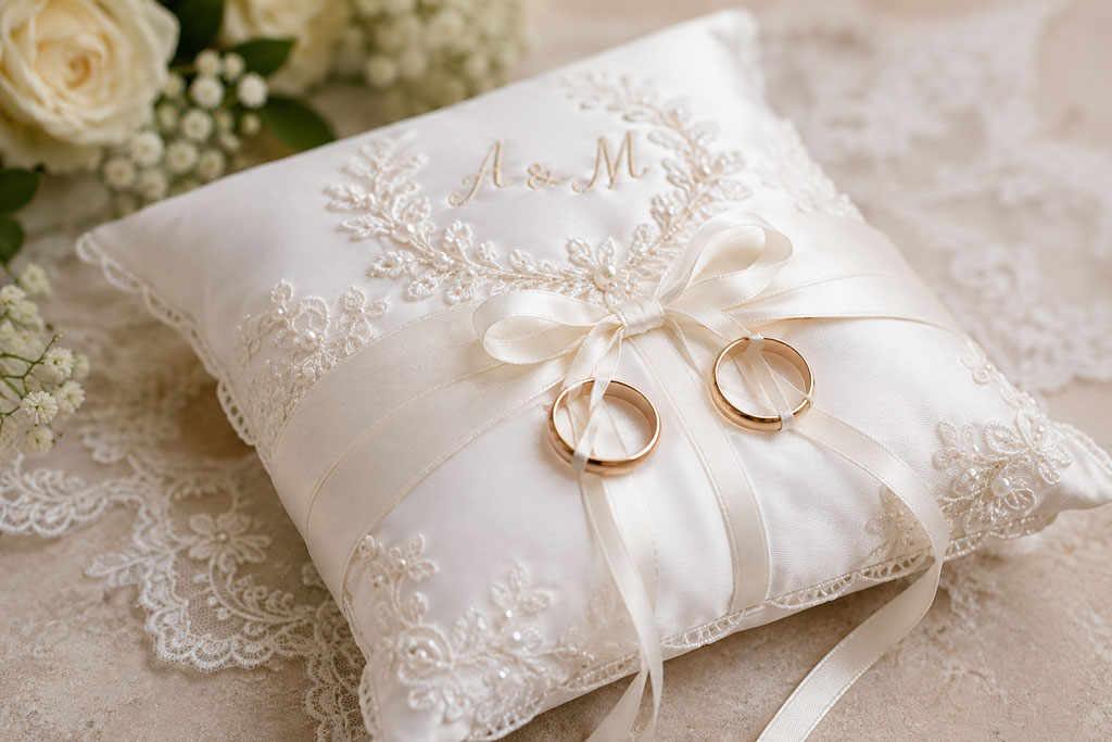 Elegancka poduszka na obrączki ślubne ozdobiona koronką, haftem i satynową wstążką ze złotymi obrączkami podczas ceremonii ślubnej