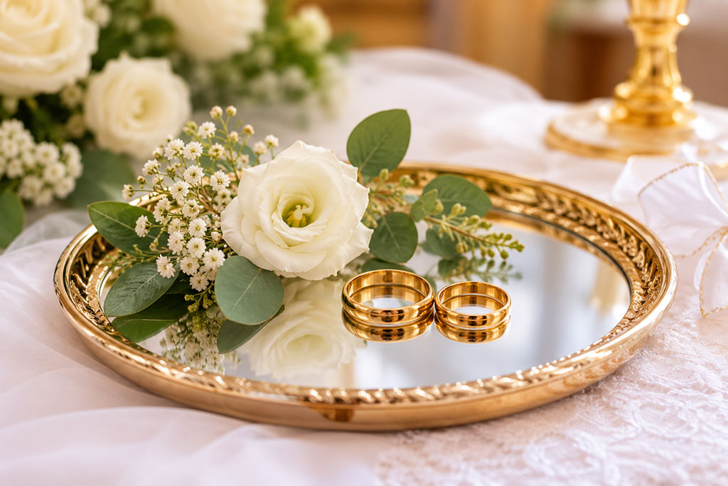 Elegancka złota tacka na obrączki ślubne z dwiema złotymi obrączkami i białymi kwiatami podczas ceremonii ślubnej
