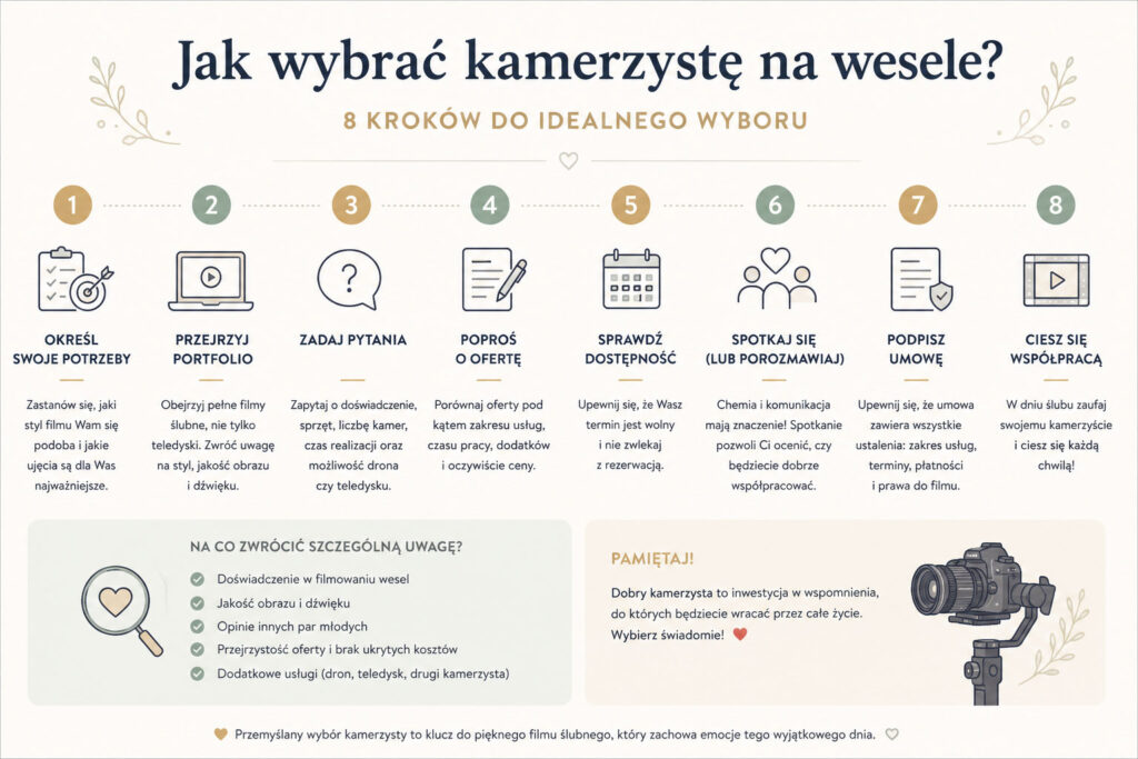 Infografika przedstawiająca 8 kroków wyboru kamerzysty na wesele