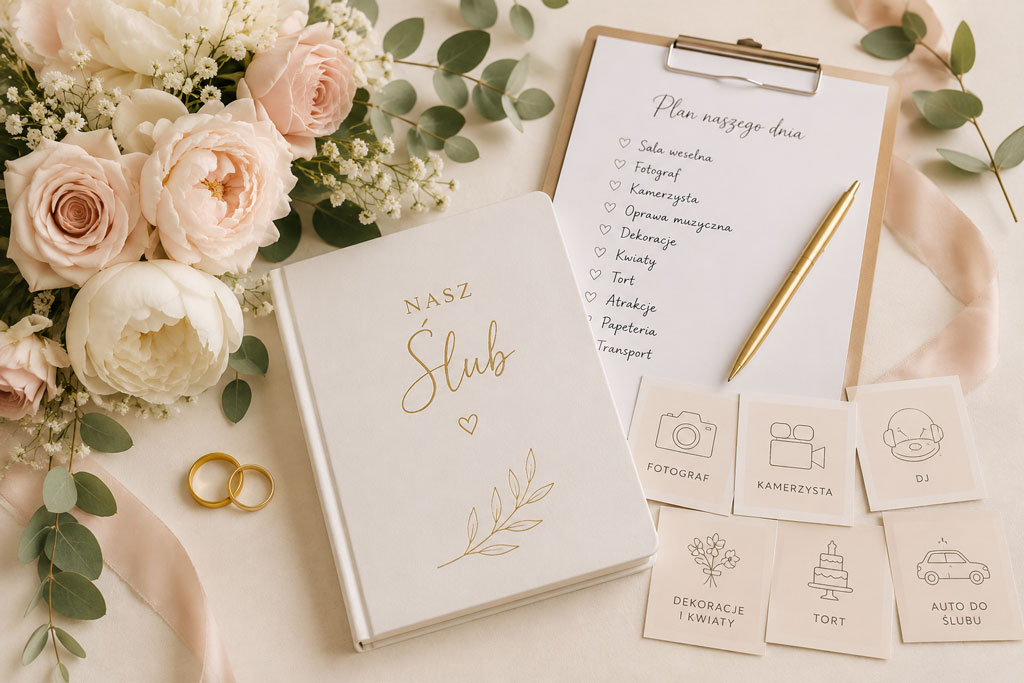 Romantyczna kompozycja z planerem ślubnym, kwiatami, obrączkami i listą usług weselnych przedstawiająca misję WeddingCreations