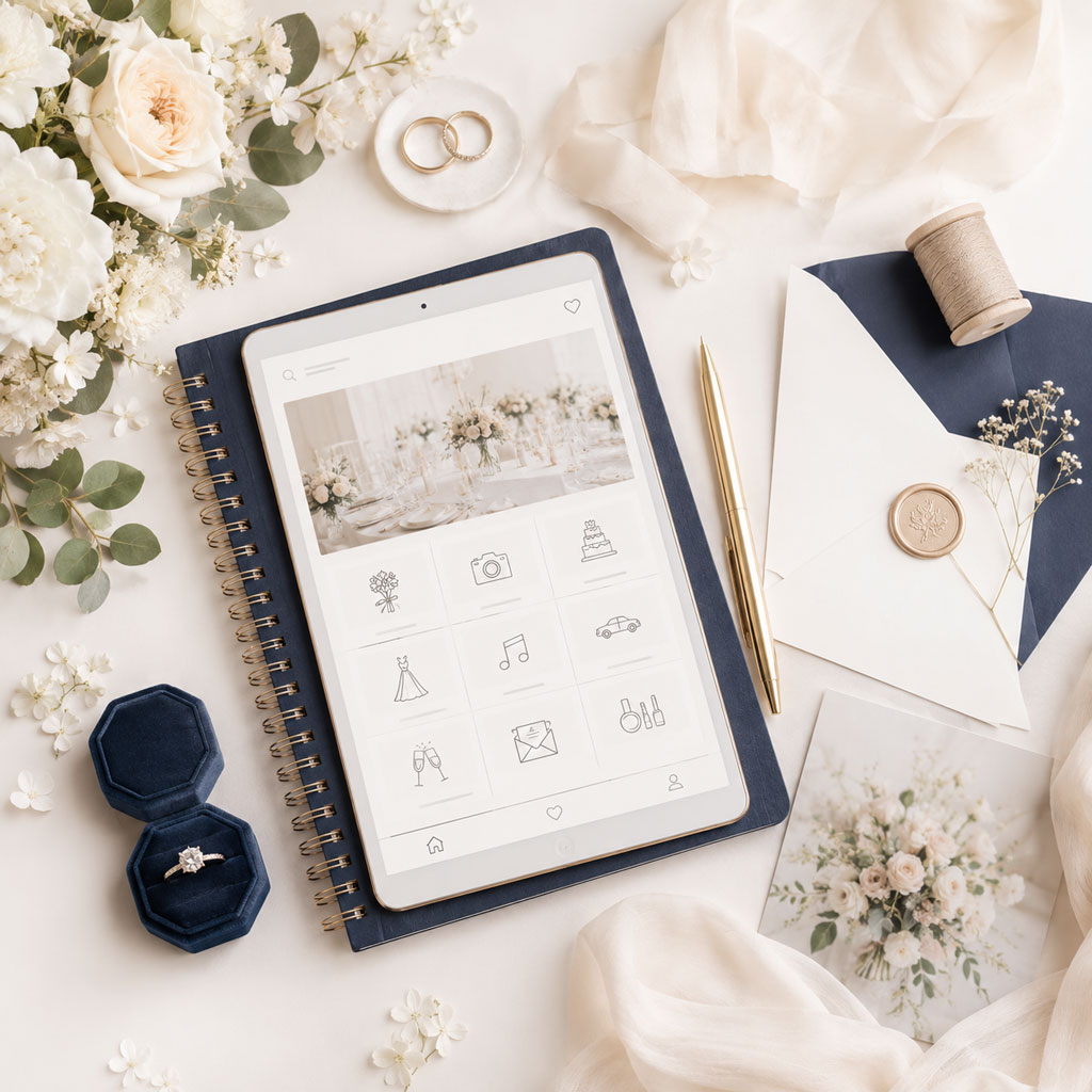 Elegancka kompozycja ślubna z tabletem, kwiatami, obrączkami i detalami weselnymi symbolizująca katalog firm ślubnych WeddingCreations