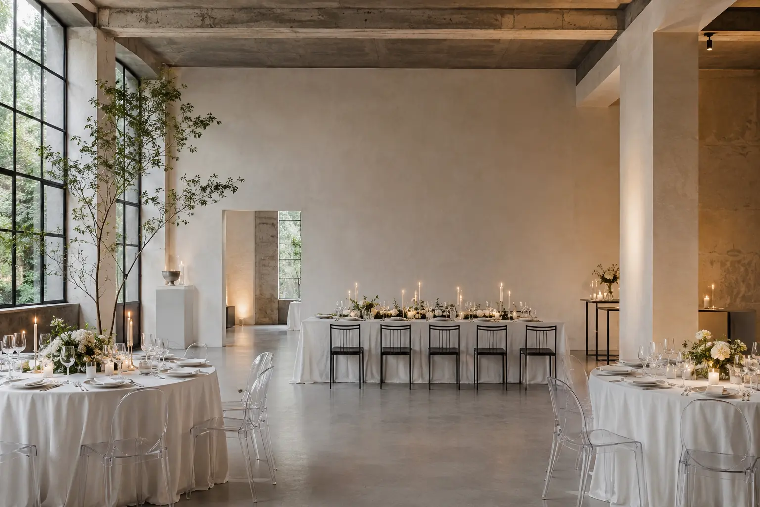 Minimalistyczne dekoracje weselne w nowoczesnej sali z prostą florystyką i neutralną paletą