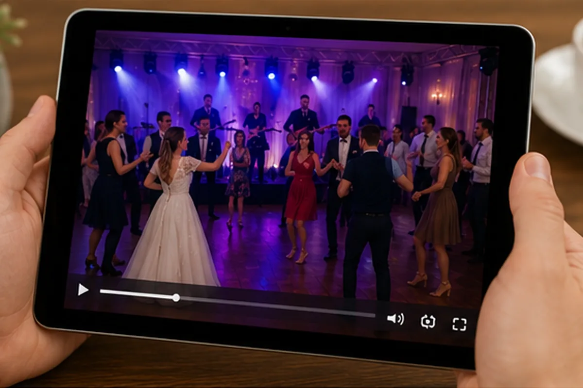 Nagranie zespołu muzycznego z prawdziwego wesela wyświetlane na tablecie