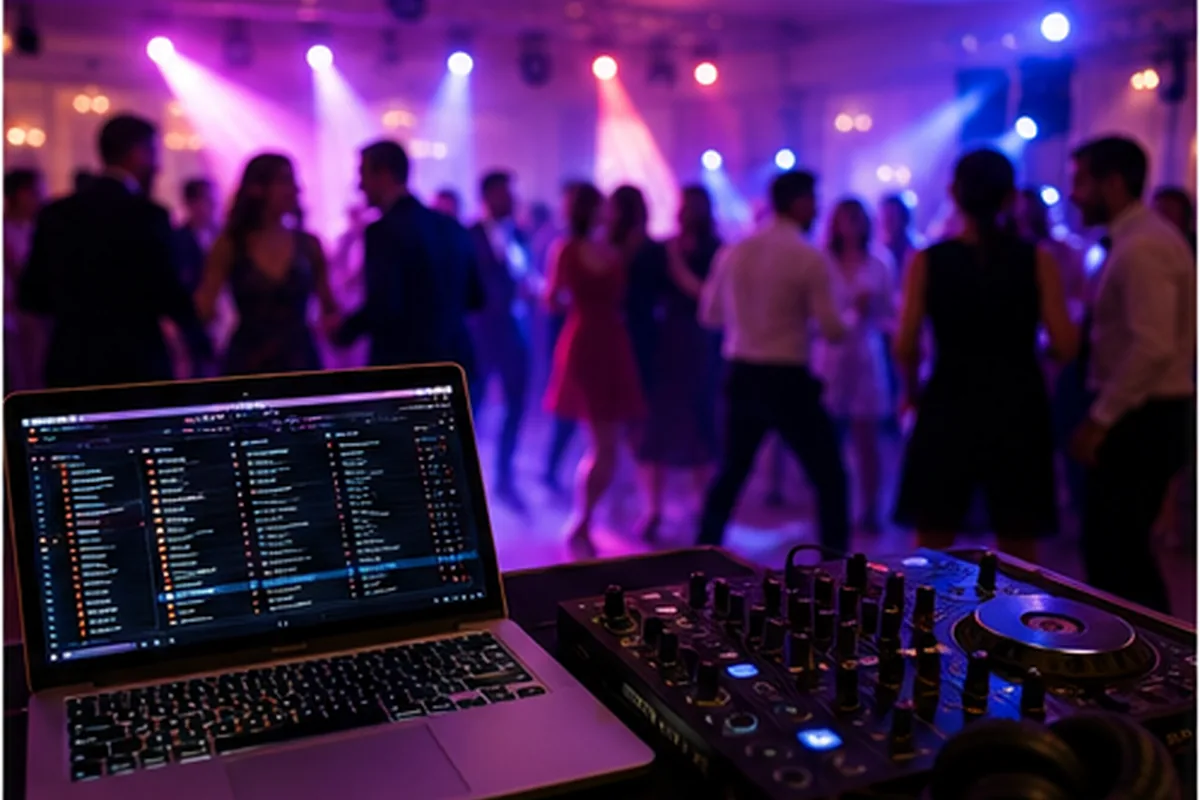 Stanowisko DJ-a i goście wracający na parkiet po oczepinach