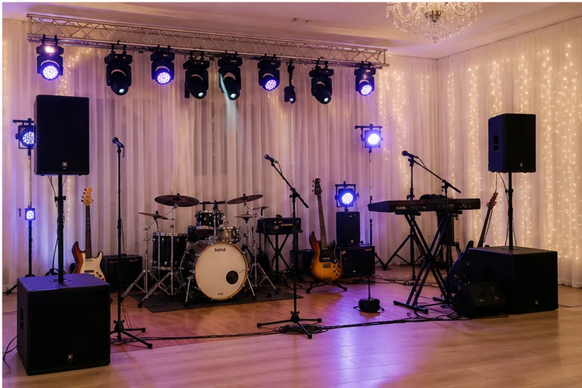 Scena z instrumentami i nagłośnieniem przygotowana dla zespołu weselnego
