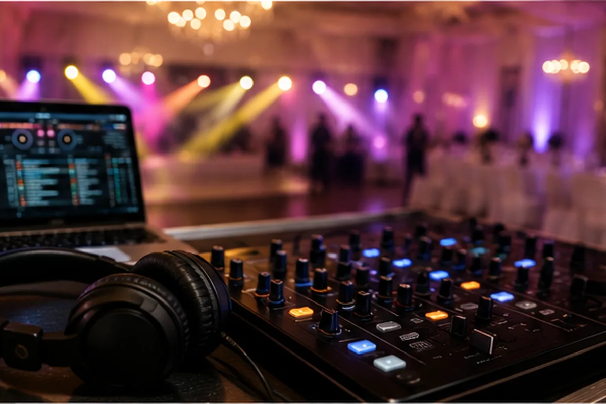 Sprzęt DJ-a i oświetlenie przygotowane do obsługi wesela
